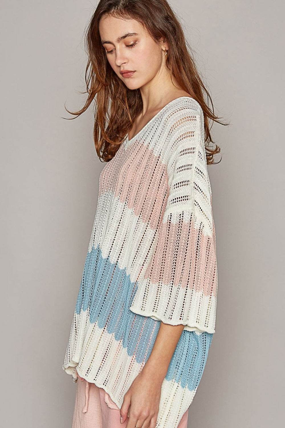 POL V-Neck Short Sleeve Stripe Weave Sweater