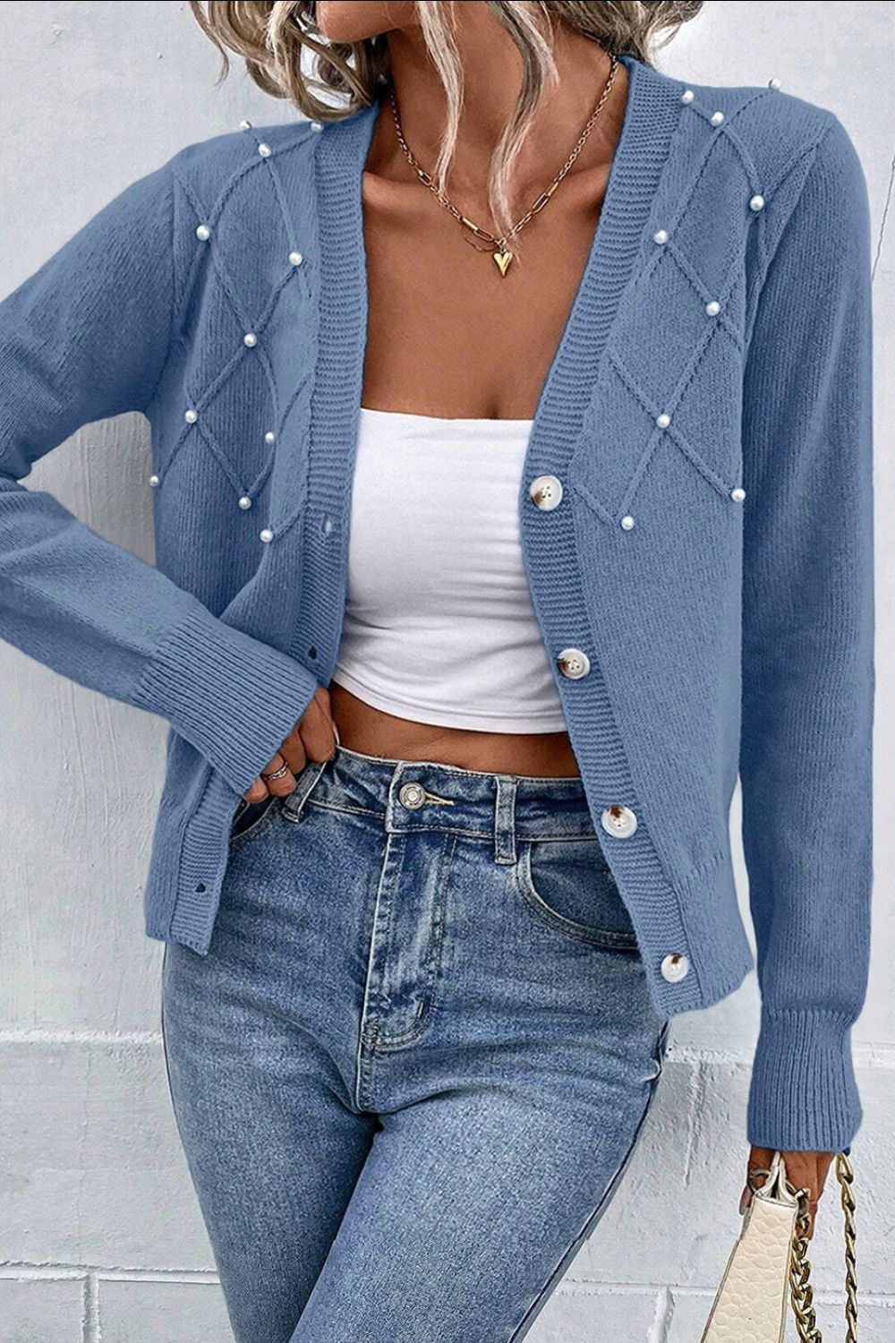 Beaded V-Neck Button Up Long Sleeve Cardigan - Pahabu - Women's Clothing & Shop
