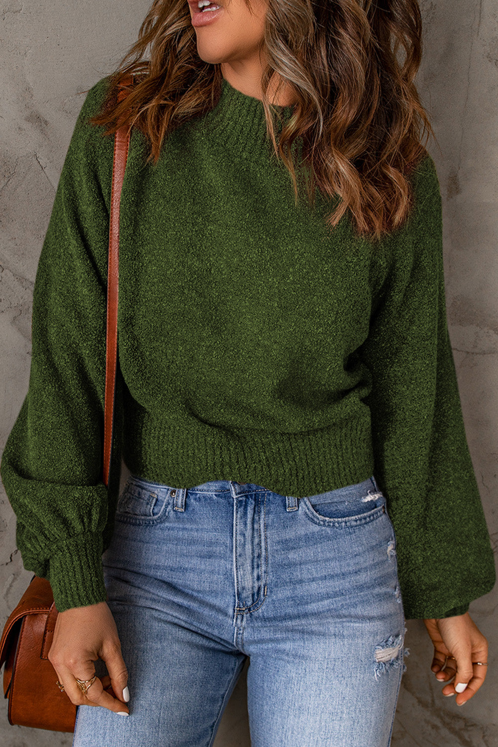 Ribbed Trim Balloon Sleeve Sweater - Pahabu - Women's Clothing & Shop