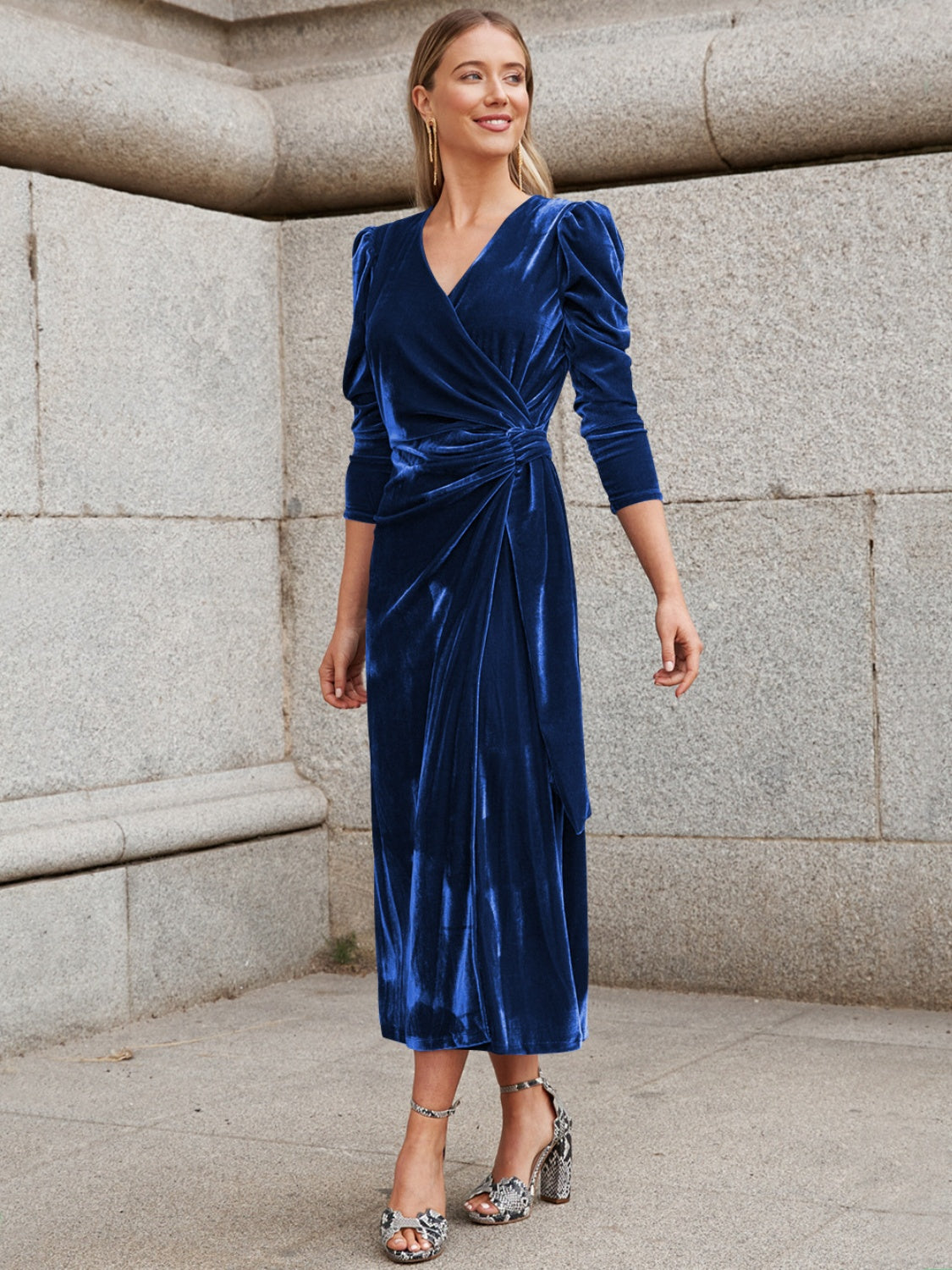 Surplice Puff Sleeve Midi Dress - Pahabu - Women's Clothing & Shop