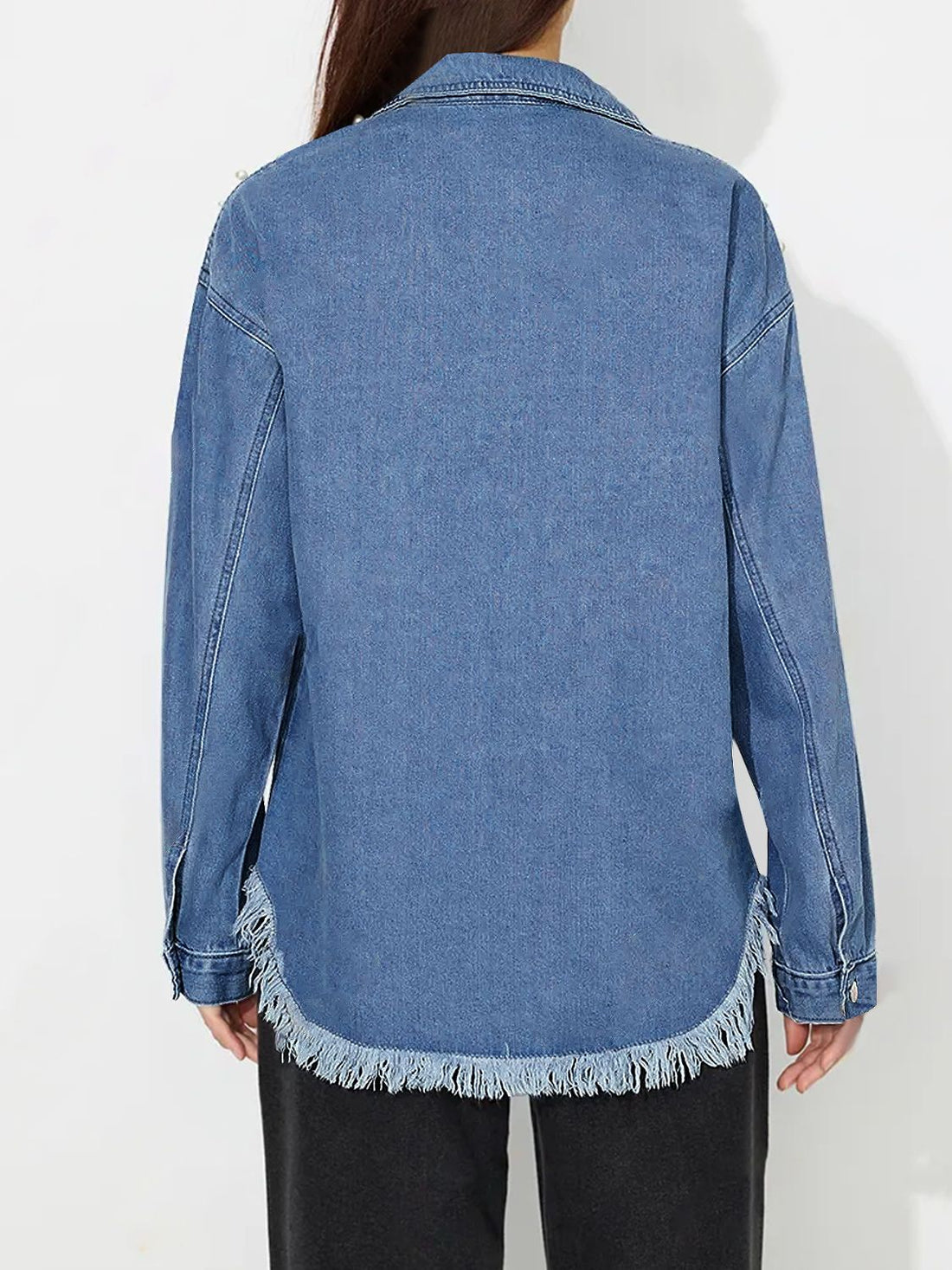 Raw Hem Pearl Trim Collared Neck Denim Top - Pahabu - Women's Clothing & Shop