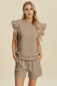 Double Take Full Size Texture Round Neck Ruffle Sleeve Top and Shorts Set