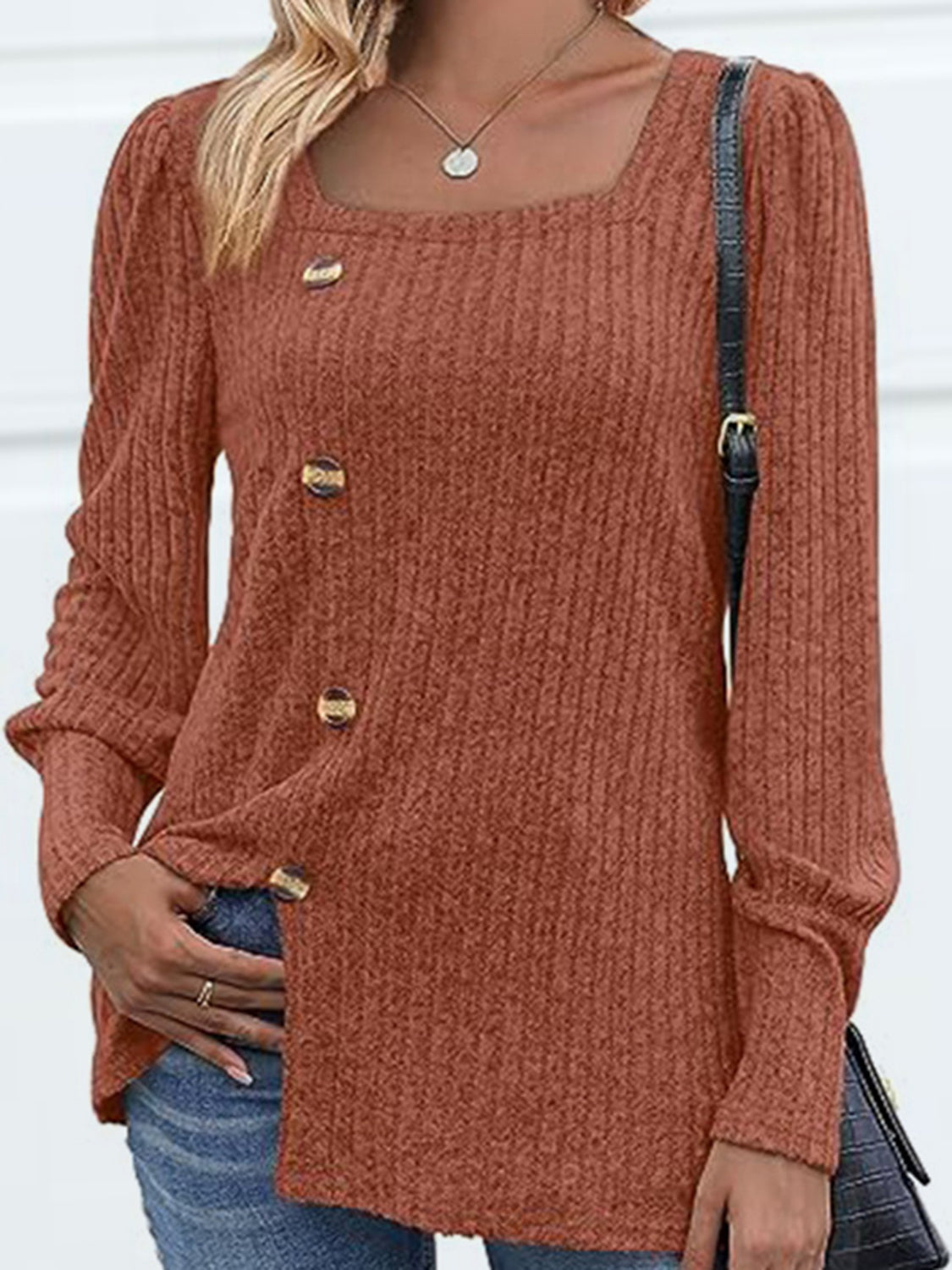 Decorative Button Square Neck Top - Pahabu - Women's Clothing & Shop