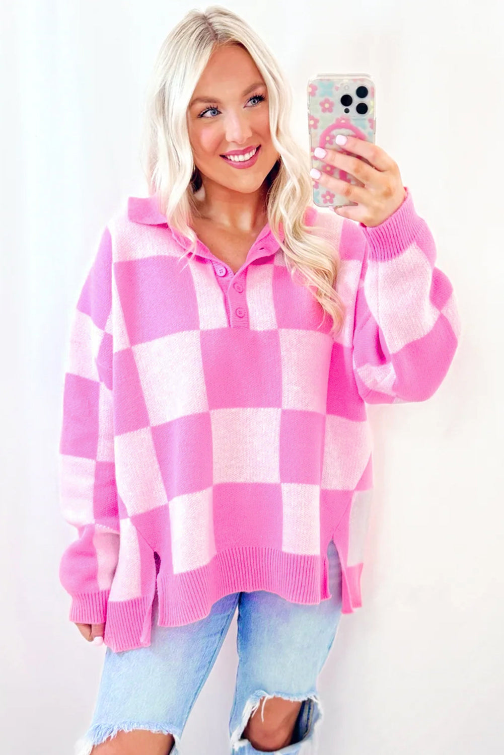 Slit Checkered Half Button Long Sleeve Sweater - Pahabu - Women's Clothing & Shop