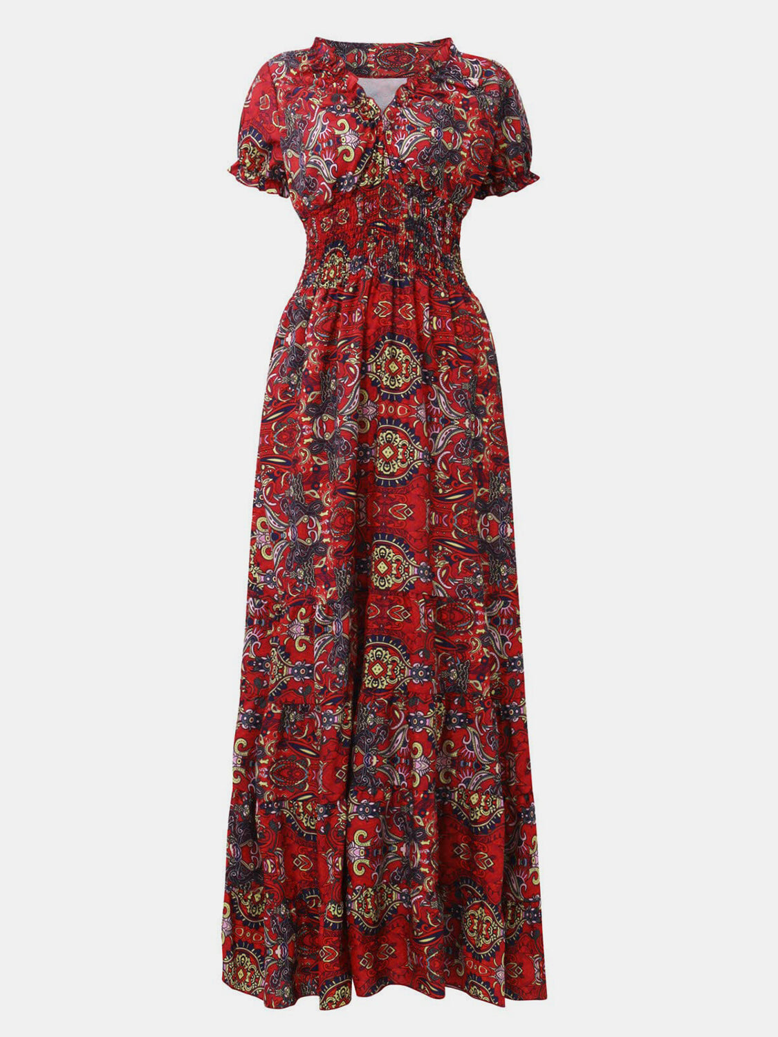 Full Size Smocked Printed V-Neck Short Sleeve Dress - Pahabu - Women's Clothing & Shop
