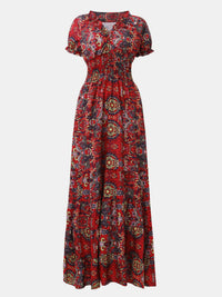 Full Size Smocked Printed V-Neck Short Sleeve Dress - Pahabu - Women's Clothing & Shop