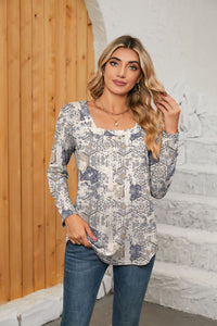 Printed Square Neck Long Sleeve Blouse - Pahabu - Women's Clothing & Shop