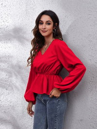 V-Neck Balloon Sleeve Peplum Blouse - Pahabu - Women's Clothing & Shop