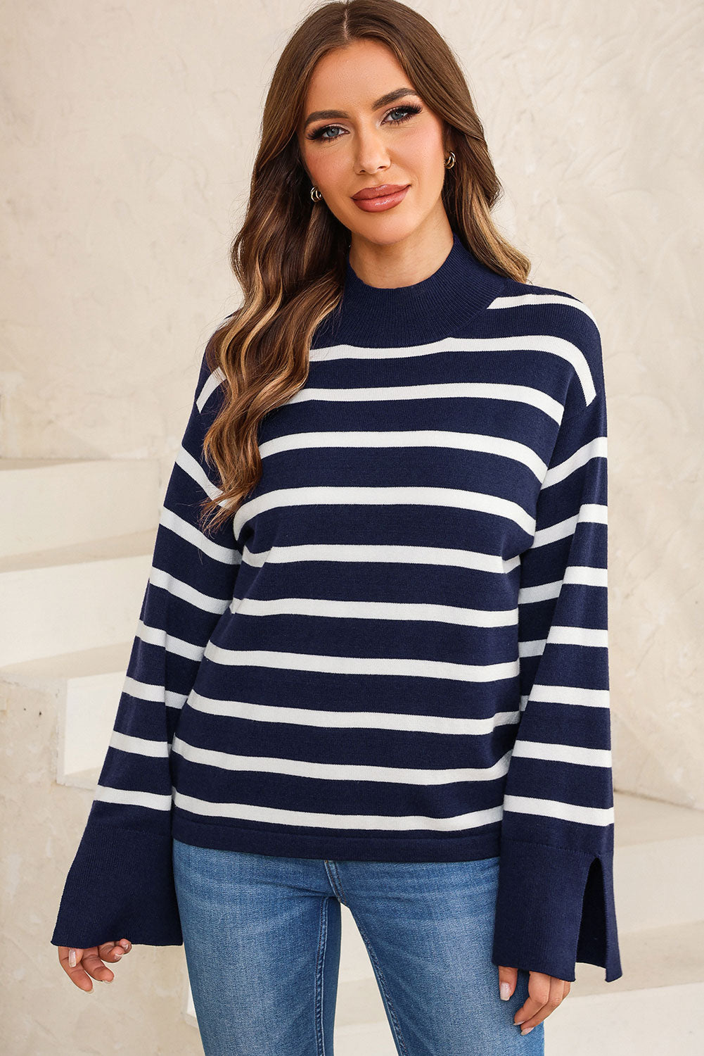 Striped Slit Drop Shoulder Sweater - Pahabu - Women's Clothing & Shop