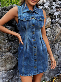 Pocketed Button Up Sleeveless Denim Dress - Pahabu - Women's Clothing & Shop