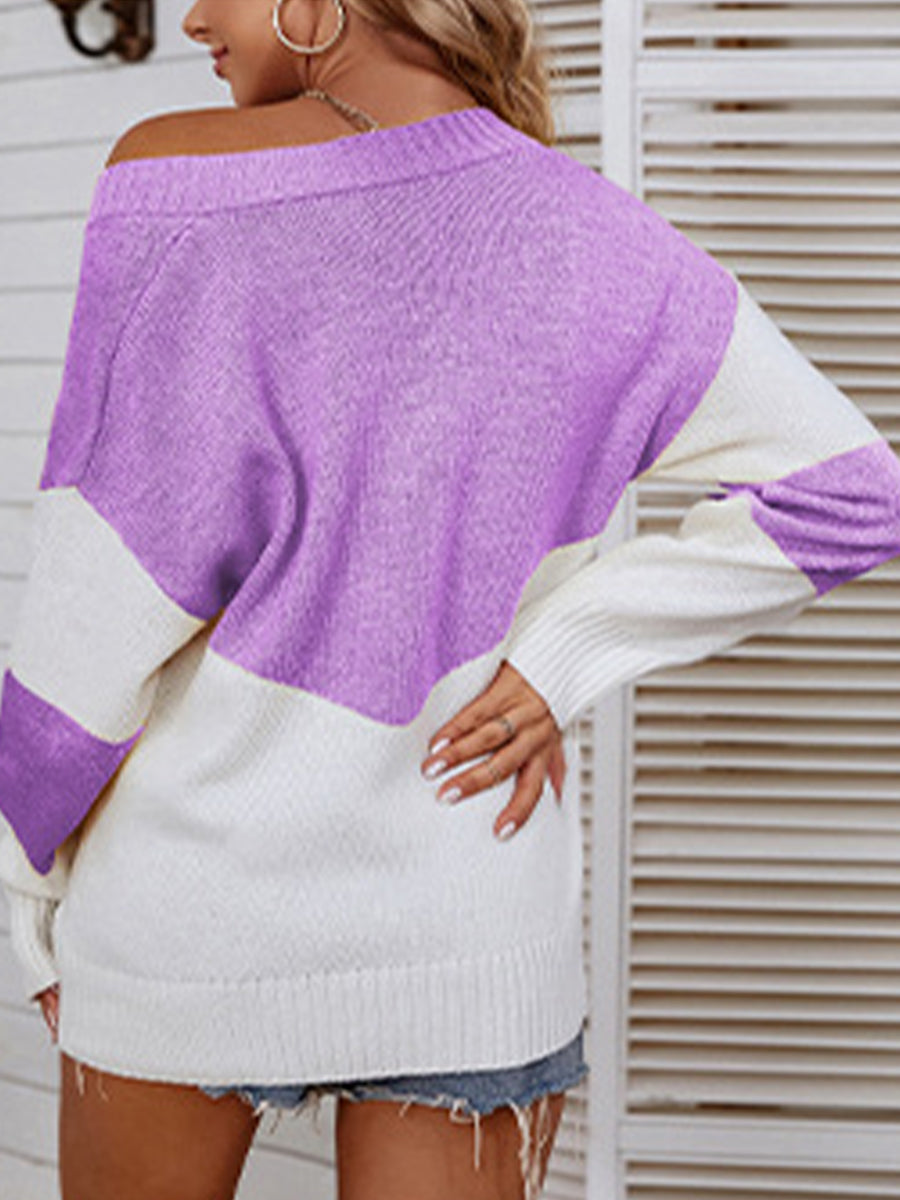 Color Block V-Neck Sweater - Pahabu - Women's Clothing & Shop