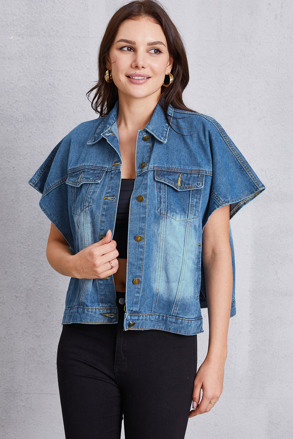 Pocketed Button Up Short Sleeve Denim Top - Pahabu - Women's Clothing & Shop