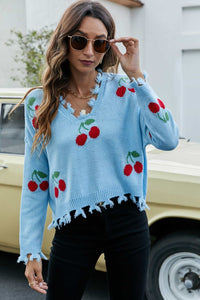 Cherry Pattern Frayed Trim V-Neck Sweater - Pahabu - Women's Clothing & Shop