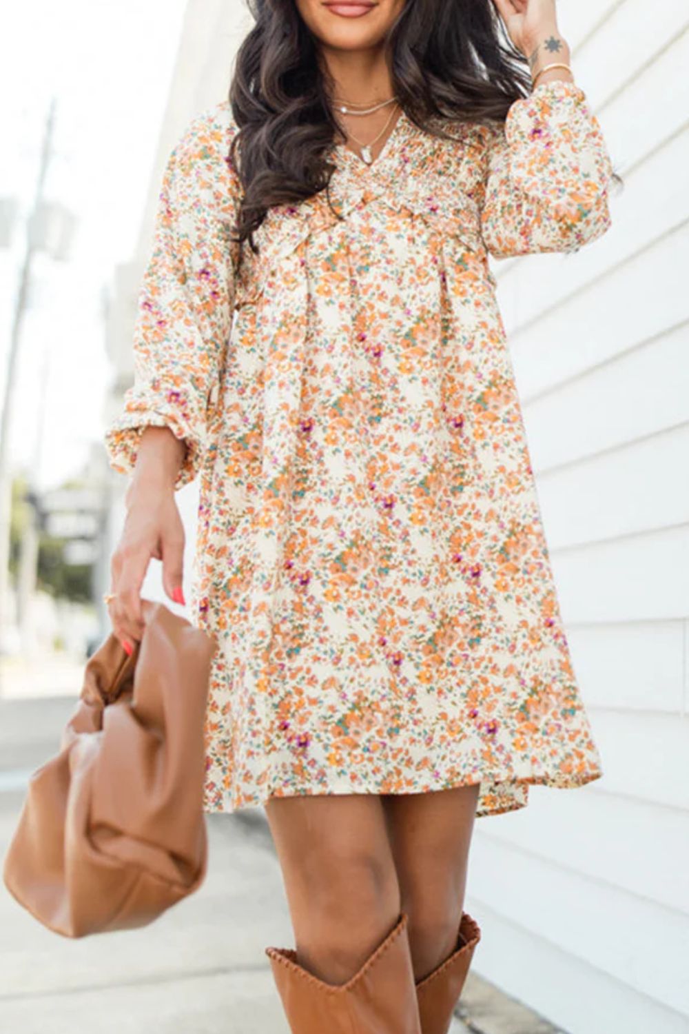 Printed V-Neck Balloon Sleeve Mini Dress - Pahabu - Women's Clothing & Shop