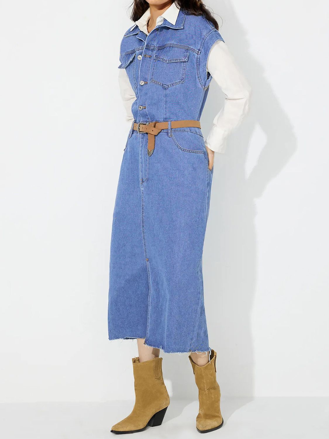 Slit Half Button Collared Neck Cap Sleeve Denim Dress - Pahabu - Women's Clothing & Shop