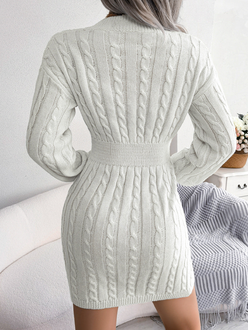 Cable-Knit V-Neck Mini Sweater Dress - Pahabu - Women's Clothing & Shop