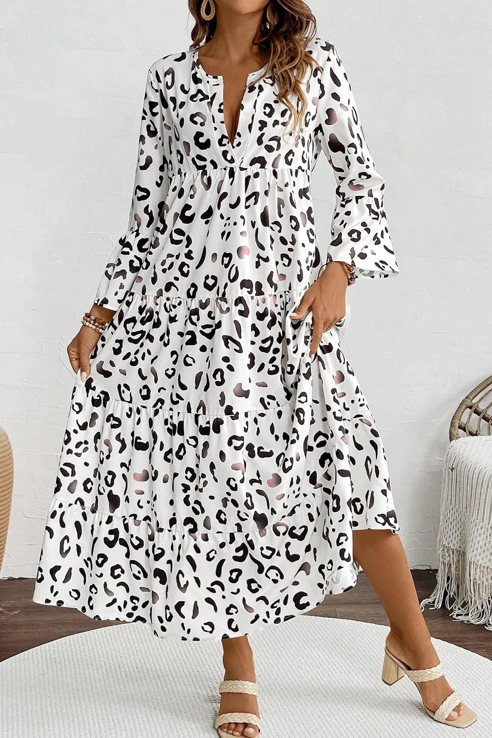 Tiered Leopard Notched Three-Quarter Sleeve Dress - Pahabu - Women's Clothing & Shop