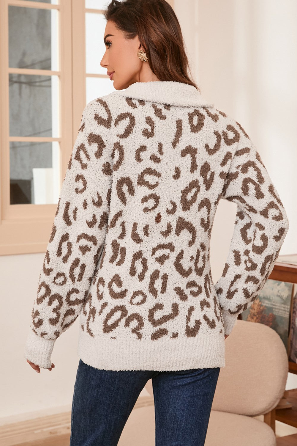 Leopard Half Zip Long Sleeve Sweater - Pahabu - Women's Clothing & Shop