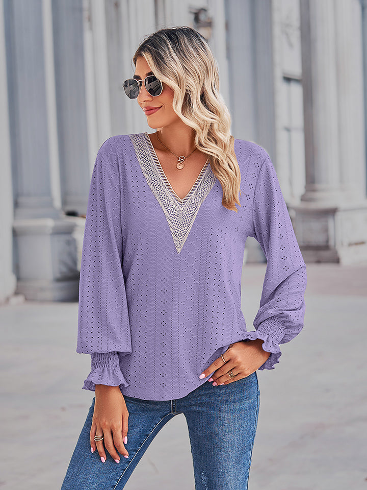 V-Neck Eyelet Flounce Sleeve Blouse - Pahabu - Women's Clothing & Shop