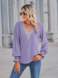 V-Neck Eyelet Flounce Sleeve Blouse - Pahabu - Women's Clothing & Shop