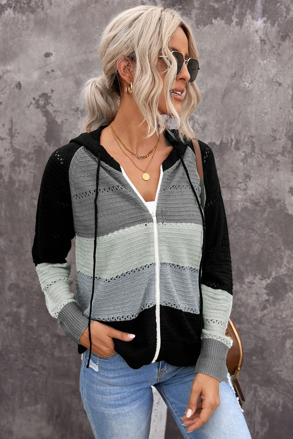 Zip-Up Raglan Sleeve Openwork Hooded Cardigan - Pahabu - Women's Clothing & Shop