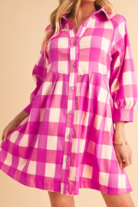 Ruched Plaid Three-Quarter Sleeve Shirt Dress - Pahabu - Women's Clothing & Shop