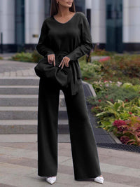 V-Neck Long Sleeve Top and Drawstring Pants Sweater Set - Pahabu - Women's Clothing & Shop