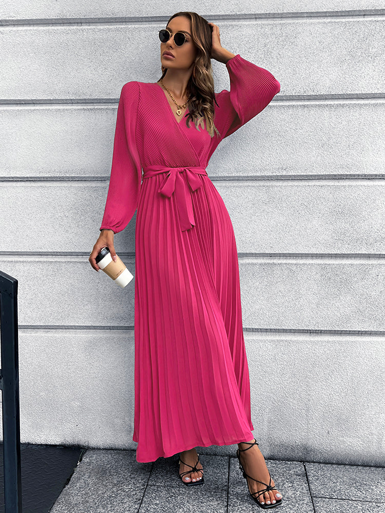 V-Neck Tie Waist Pleated Maxi Dress - Pahabu - Women's Clothing & Shop