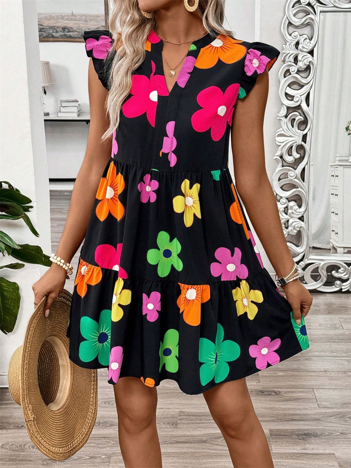 Ruffled Printed Notched Cap Sleeve Dress - Pahabu - Women's Clothing & Shop