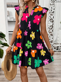 Ruffled Printed Notched Cap Sleeve Dress - Pahabu - Women's Clothing & Shop