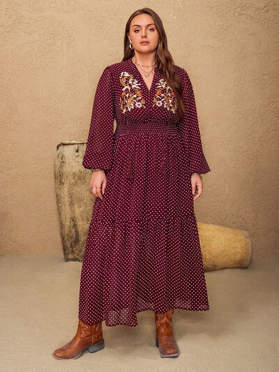 Plus Size Embroidered Polka Dot Tie Neck Long Sleeve Midi Dress - Pahabu - Women's Clothing & Shop