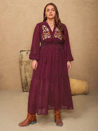 Plus Size Embroidered Polka Dot Tie Neck Long Sleeve Midi Dress - Pahabu - Women's Clothing & Shop