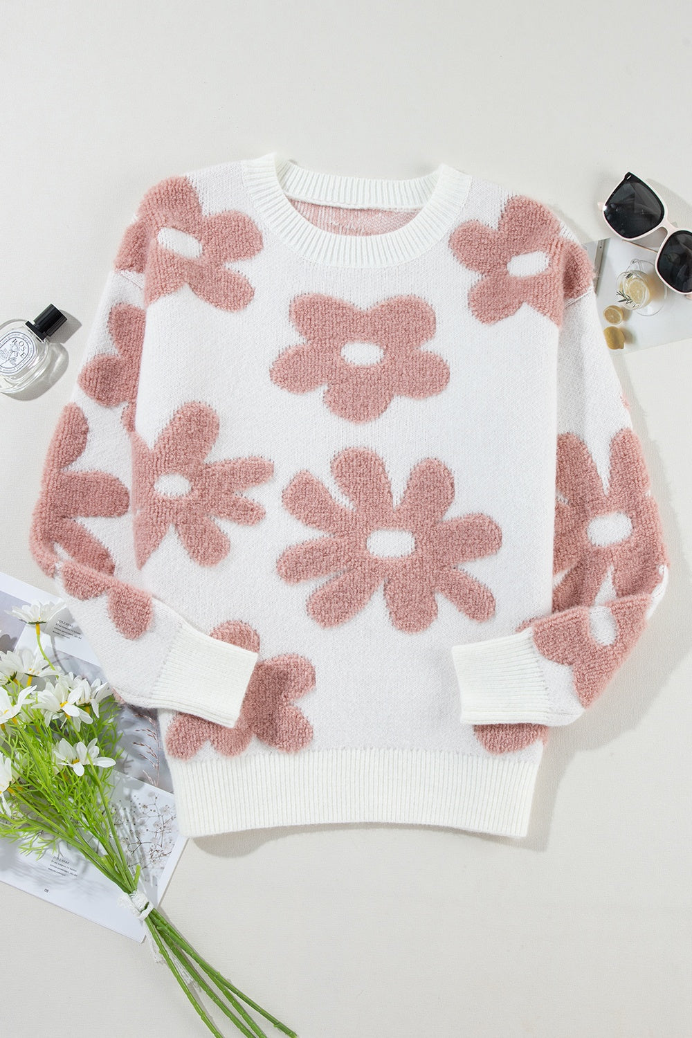 Flower Round Neck Long Sleeve Knit Top - Pahabu - Women's Clothing & Shop