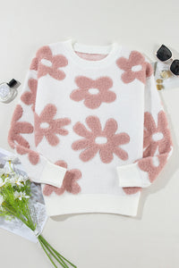 Flower Round Neck Long Sleeve Knit Top - Pahabu - Women's Clothing & Shop