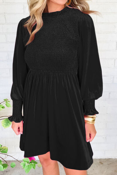 Smocked Round Neck Long Sleeve Dress - Pahabu - Women's Clothing & Shop
