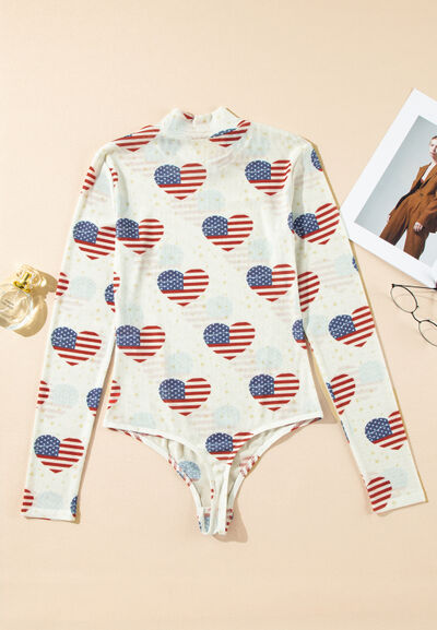 US Flag Heart Mock Neck Long Sleeve Bodysuit - Pahabu - Women's Clothing & Shop