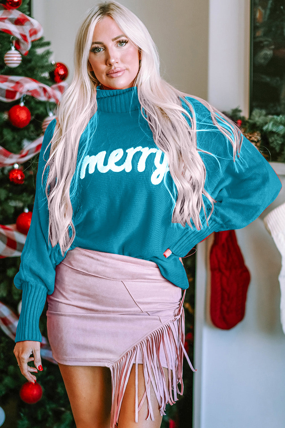 Double Take Full Size Merry Christmas Turtleneck Long Sleeve Sweater - Pahabu - Women's Clothing & Shop