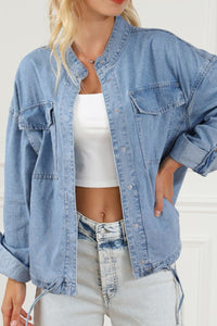 Drawstring Snap Down Denim Jacket with Chest Pockets - Pahabu - Women's Clothing & Shop