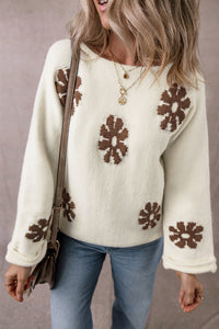 Flower Round Neck Long Sleeve Sweater - Pahabu - Women's Clothing & Shop