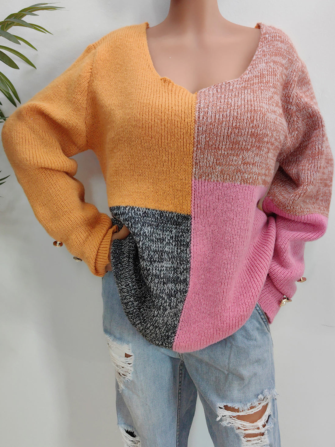 Color Block Decorative Button Long Sleeve Sweater - Pahabu - Women's Clothing & Shop