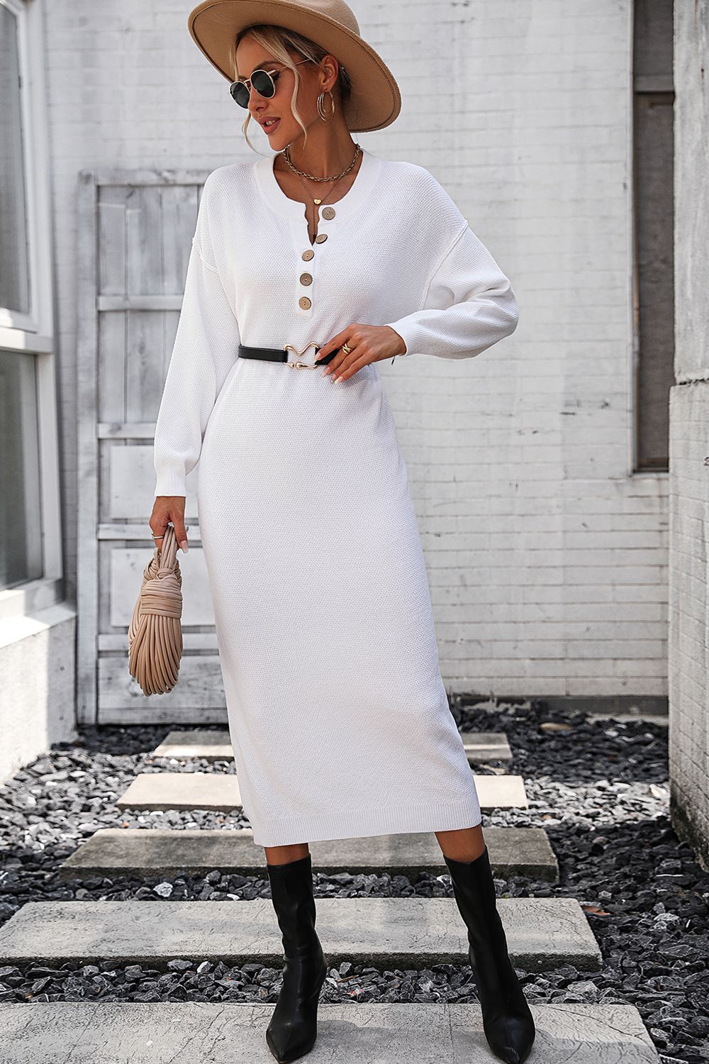 Notched Neck Dropped Shoulder Button-Down Midi Dress - Pahabu - Women's Clothing & Shop