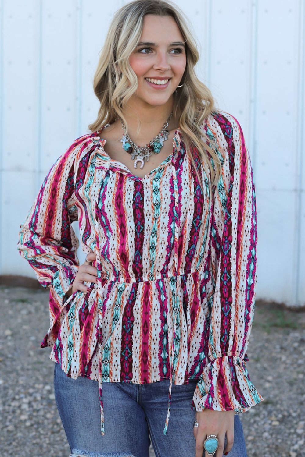 Multicolour Western Print Split Neck Peplum Blouse - Pahabu - Women's Clothing & Shop