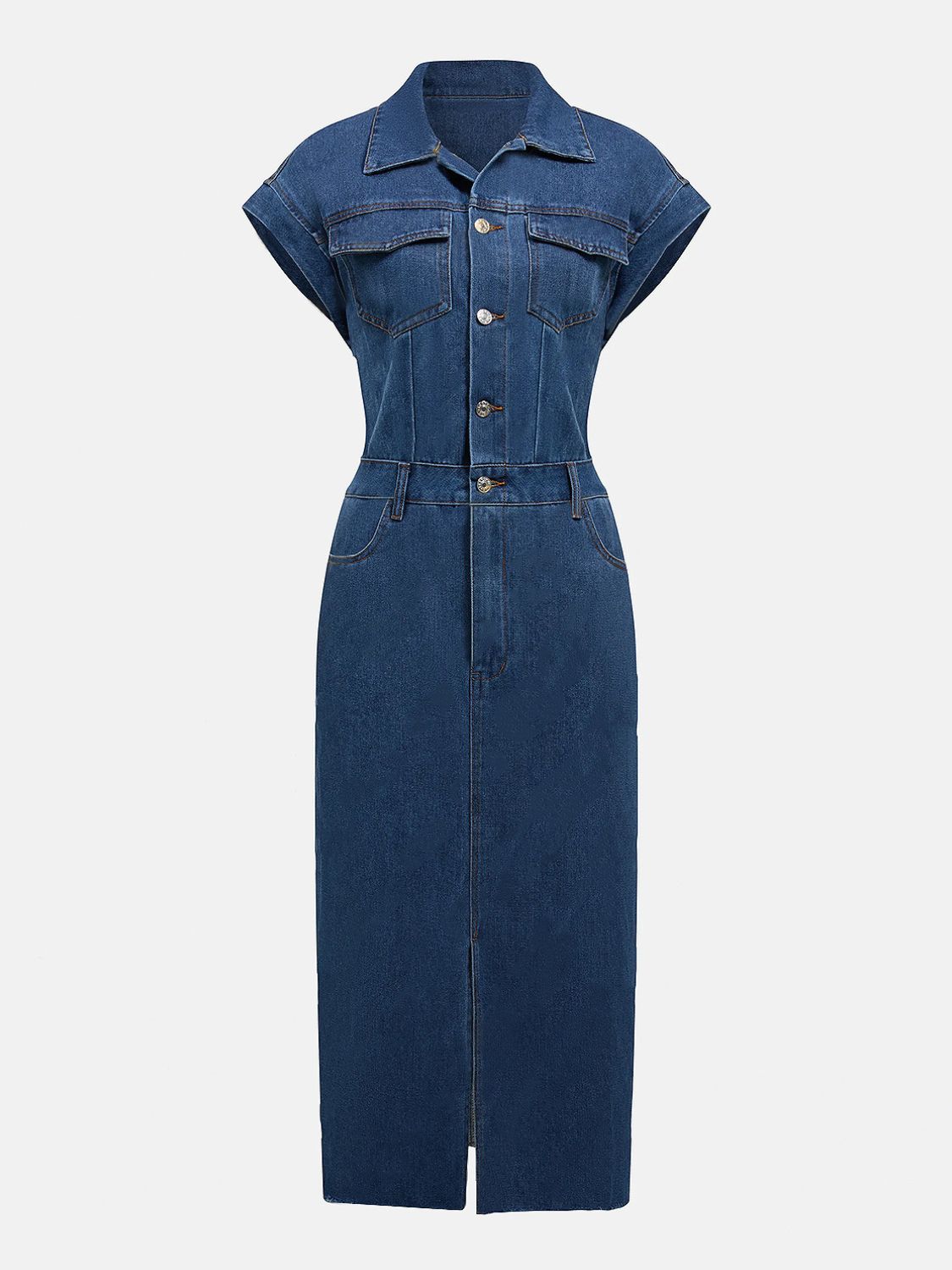 Slit Half Button Collared Neck Cap Sleeve Denim Dress - Pahabu - Women's Clothing & Shop