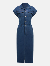 Slit Half Button Collared Neck Cap Sleeve Denim Dress - Pahabu - Women's Clothing & Shop