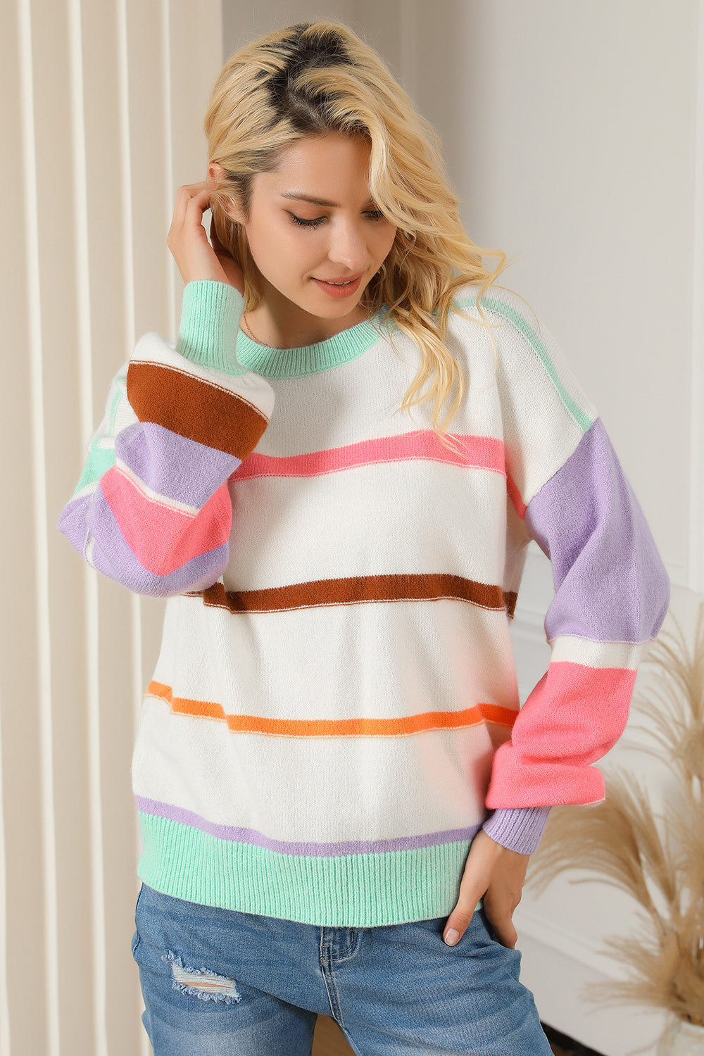Round Neck Lantern Sleeve Sweater - Pahabu - Women's Clothing & Shop