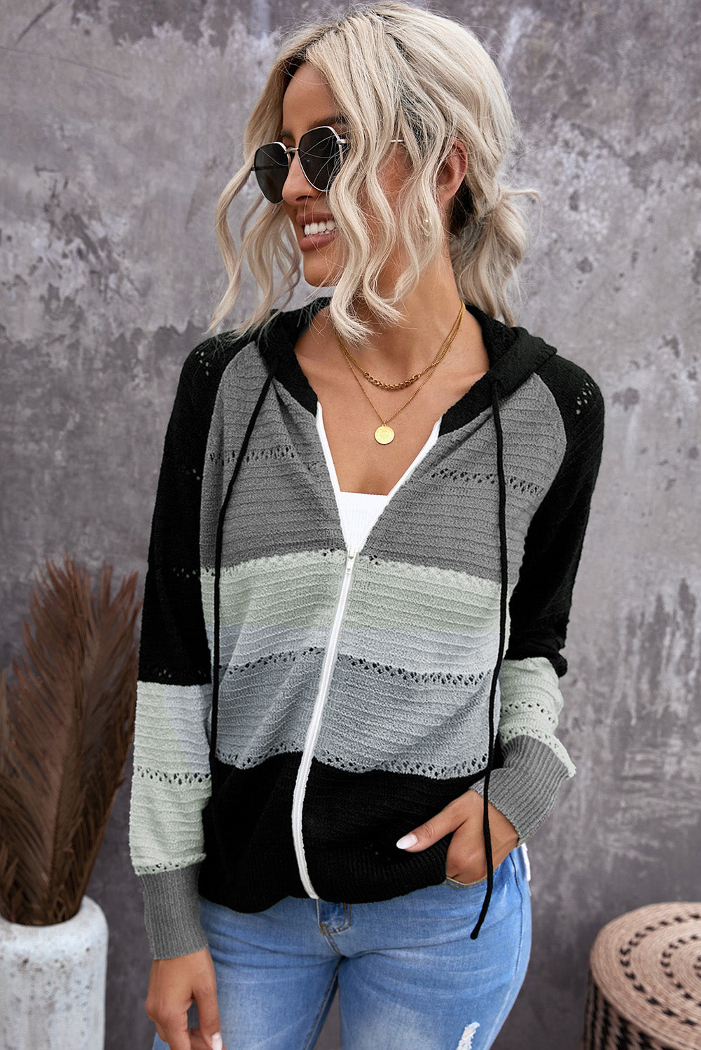 Zip-Up Raglan Sleeve Openwork Hooded Cardigan - Pahabu - Women's Clothing & Shop
