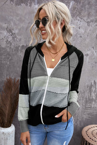 Zip-Up Raglan Sleeve Openwork Hooded Cardigan - Pahabu - Women's Clothing & Shop