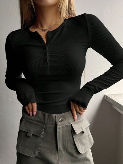 Half Button Long Sleeve T-Shirt - Pahabu - Women's Clothing & Shop