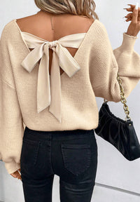 Tied Back V-Neck Long Sleeve Sweater - Pahabu - Women's Clothing & Shop
