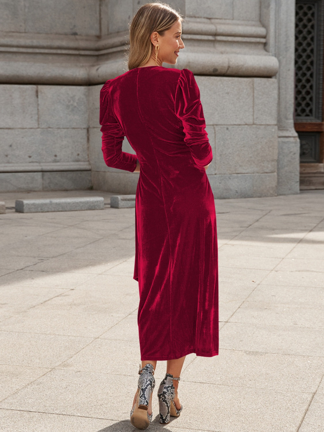 Surplice Puff Sleeve Midi Dress - Pahabu - Women's Clothing & Shop